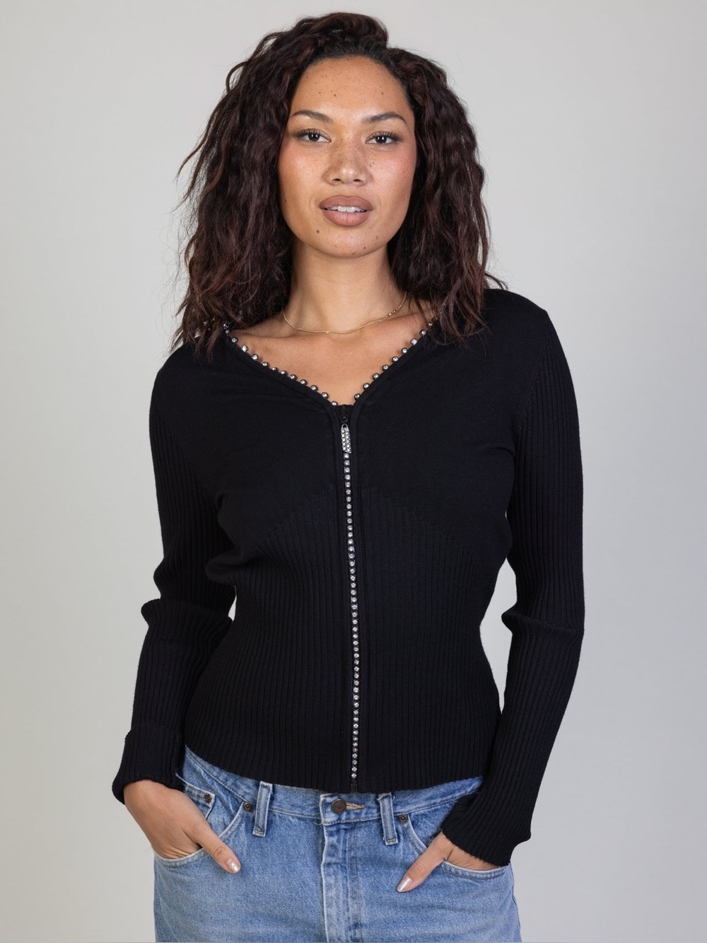 Belldini Black Ribbed Rhinestone Zip Front Sweater Cardigan Large